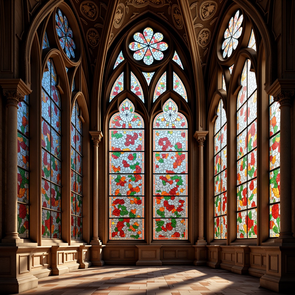 Prompt: Vibrant stained glass windows, kaleidoscope colors, ornate patterns, gothic arches, delicate tracery, intricate designs, refracted light, warm golden hues, rich jewel tones, subtle texture, smooth glass surface, elegant curves, symmetrical composition, harmonious balance, soft natural lighting, subtle shading, high contrast ratio, realistic reflections, detailed rendering.