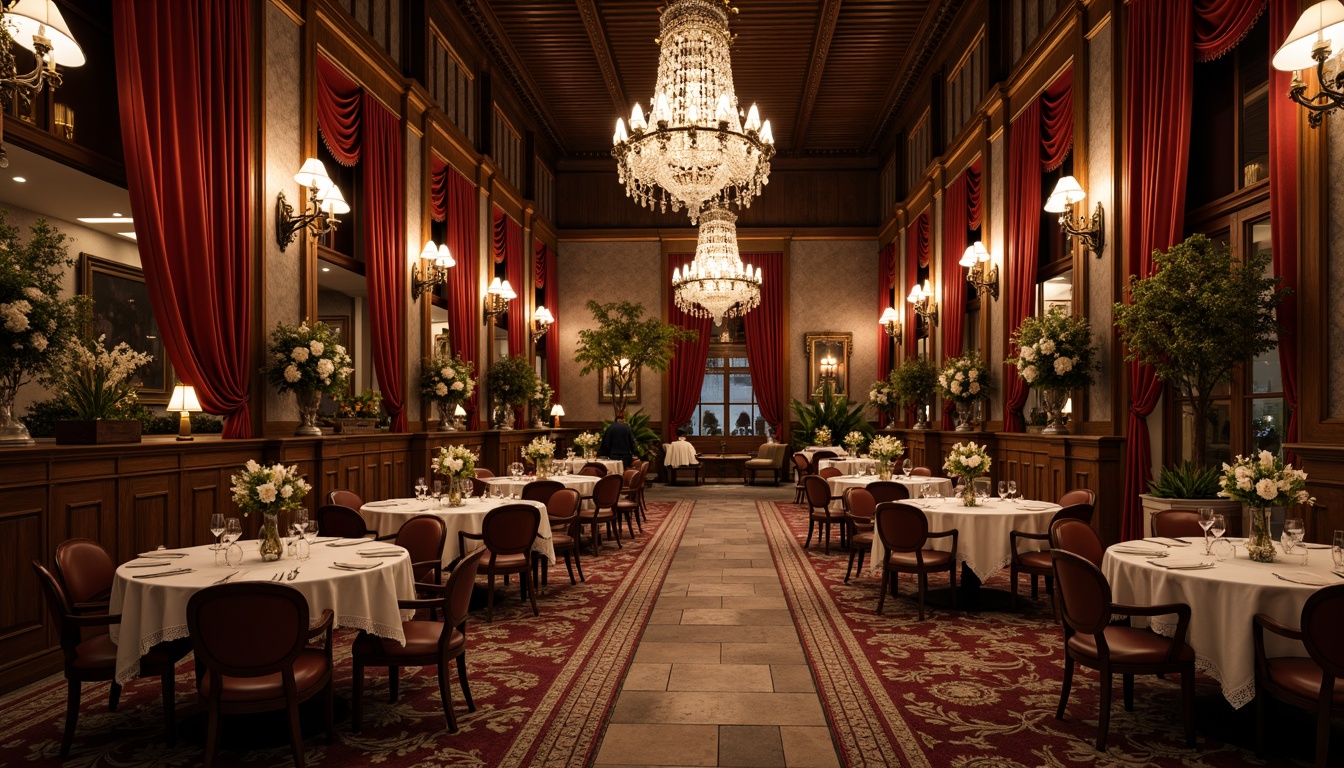 Prompt: Luxurious dining hall, rich velvet drapes, ornate wooden paneling, crystal chandeliers, intricately carved furniture, lavish floral arrangements, soft warm candlelight, rustic stone walls, distressed leather upholstery, antique metal fixtures, grandiose mirrors, opulent fabrics, delicate lace trimmings, vintage porcelain vases, dimly lit ambiance, cozy seating areas, intimate atmosphere, soft focus photography, shallow depth of field, 1/2 composition.