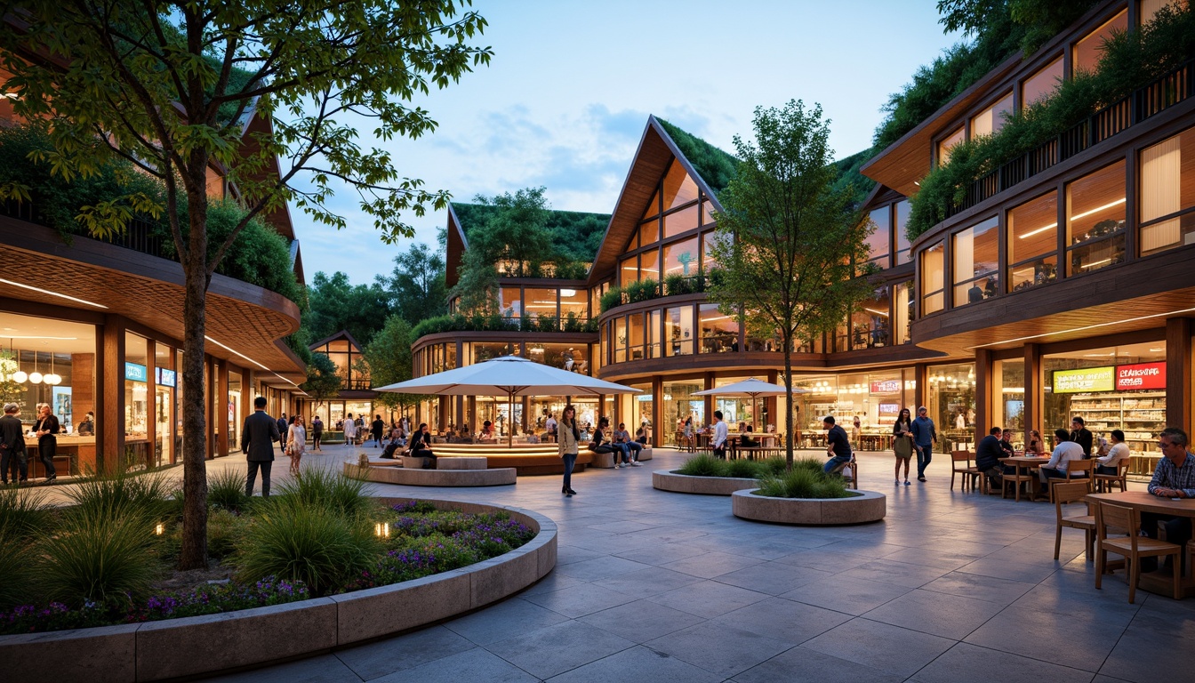 Prompt: Vibrant market plaza, outdoor seating areas, lush green roofs, living walls, natural stone flooring, wooden accents, modern fusion architecture, curved lines, open spaces, bustling atmosphere, street food stalls, eclectic vendor shops, colorful lanterns, warm evening lighting, shallow depth of field, 1/1 composition, panoramic view, realistic textures, ambient occlusion.