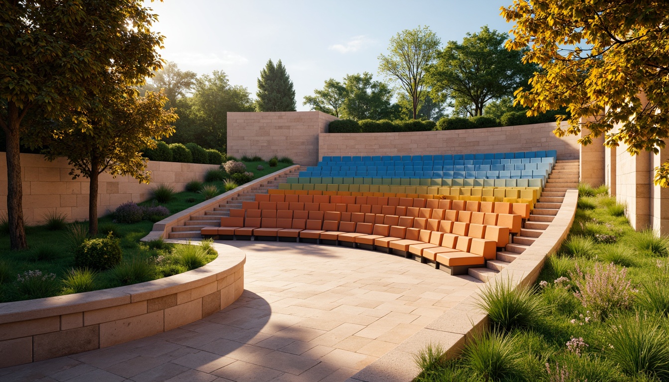 Prompt: Vibrant outdoor amphitheater, gradient blue seats, warm beige stone walls, lush green grassy slopes, natural wood accents, earthy terracotta flooring, soft golden lighting, sunset-inspired color palette, gentle misting system, panoramic views, 3/4 composition, realistic textures, ambient occlusion.