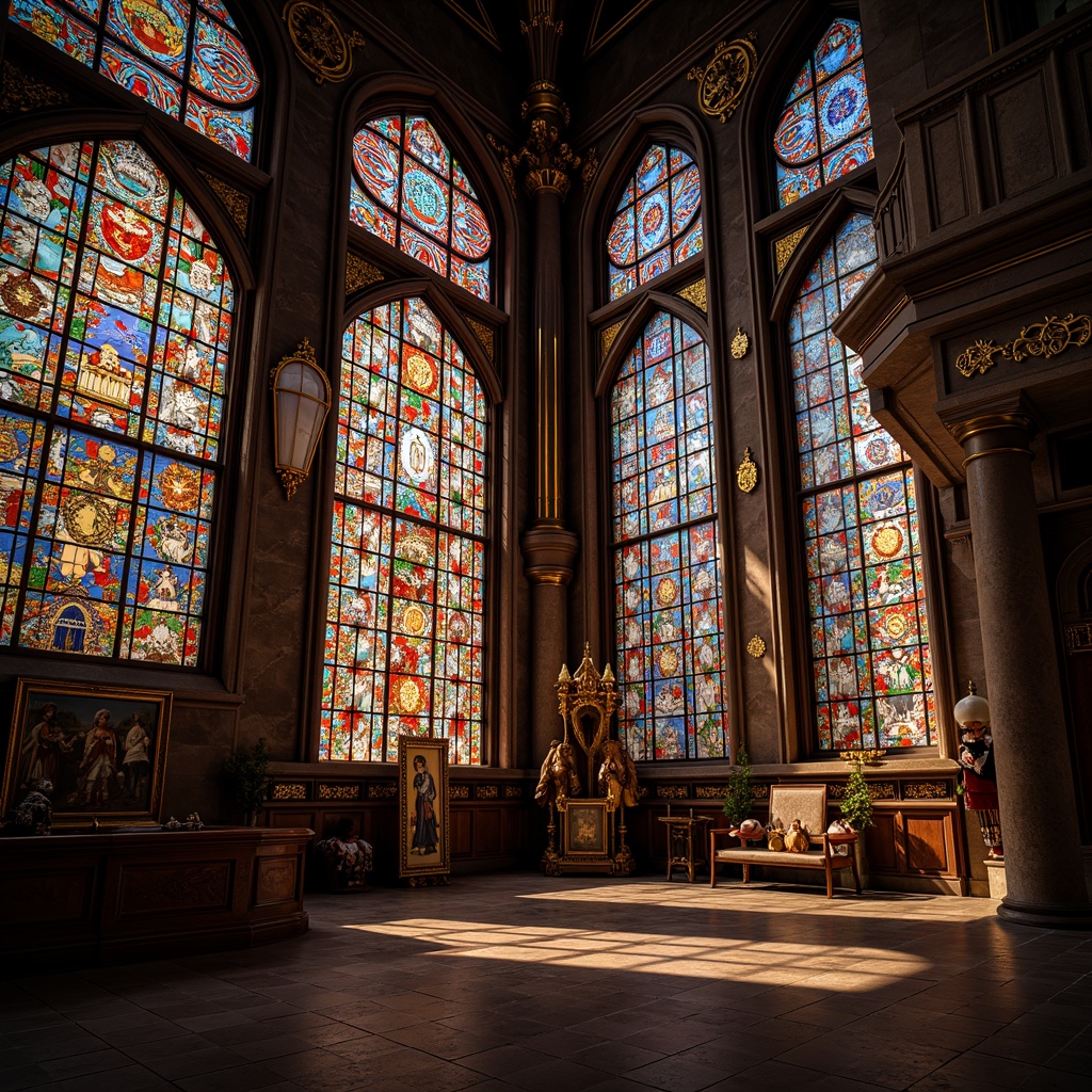 Prompt: Vibrant stained glass windows, kaleidoscope colors, intricate designs, ornate patterns, Gothic architecture, grand cathedrals, majestic interior, warm soft lighting, rich textures, detailed craftsmanship, ornamental fixtures, luxurious atmosphere, serene ambiance, subtle shading, realistic reflections, 1/1 composition, intimate close-up shots.