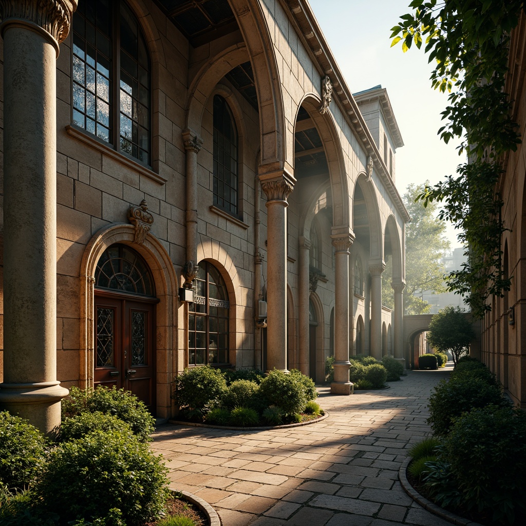 Prompt: Rustic stone walls, ornate carvings, grand archways, ribbed vaults, stained glass windows, intricate mosaics, weathered copper roofs, worn wooden doors, ornamental ironwork, lush greenery, overgrown vines, misty morning light, soft warm glow, shallow depth of field, 1/2 composition, realistic textures, ambient occlusion.