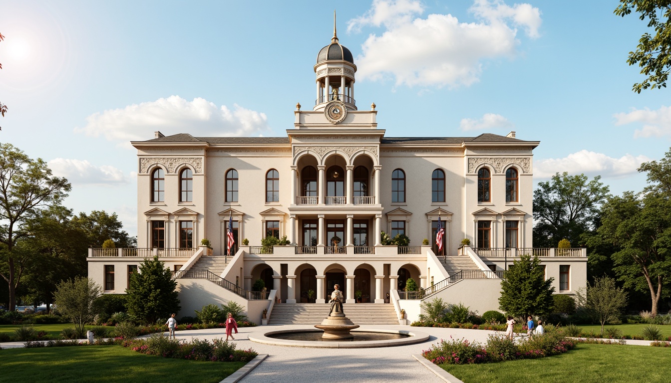 Prompt: Grand courthouse facade, neoclassical architecture, ornate columns, carved stone details, symmetrical composition, grand staircases, bronze door handles, intricate clock towers, American flag decorations, manicured lawn, blooming flowers, sunny day, soft warm lighting, shallow depth of field, 3/4 composition, panoramic view, realistic textures, ambient occlusion.