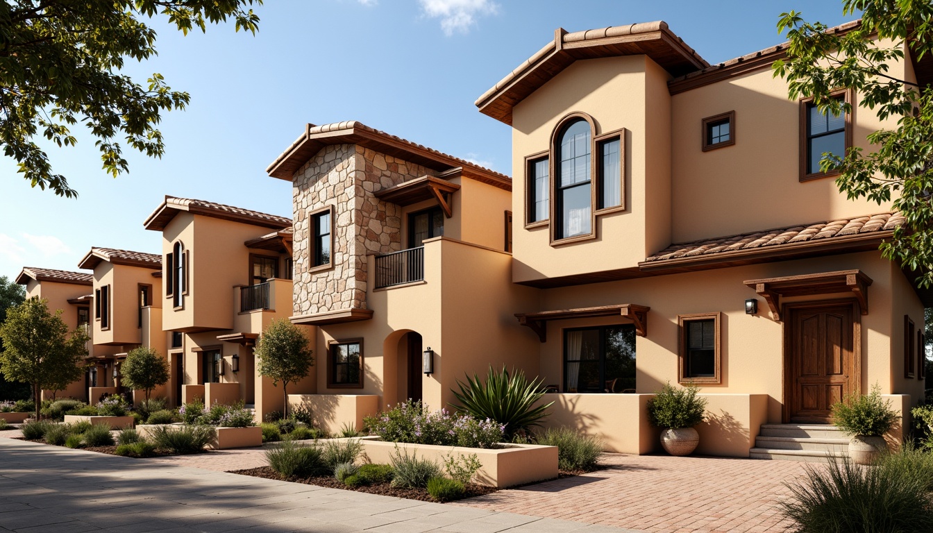 Prompt: Earth-toned facades, rustic stone walls, wooden accents, pitched roofs, ornate turrets, decorative trims, arched windows, vibrant ceramic tiles, intricate stucco patterns, Mediterranean-inspired architecture, warm sunny day, soft natural lighting, shallow depth of field, 1/1 composition, realistic textures, ambient occlusion.