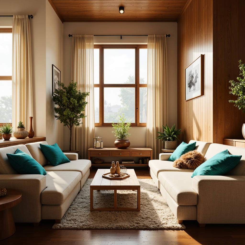 Prompt: Cozy apartment interior, warm beige walls, rich wood accents, plush carpeting, comfortable sofas, vibrant turquoise throw pillows, soft cream curtains, natural light pouring in, large windows, modern minimalist decor, sleek metal fixtures, earthy terracotta pots, lush greenery, calming ambiance, warm golden lighting, shallow depth of field, 1/1 composition, realistic textures, ambient occlusion.