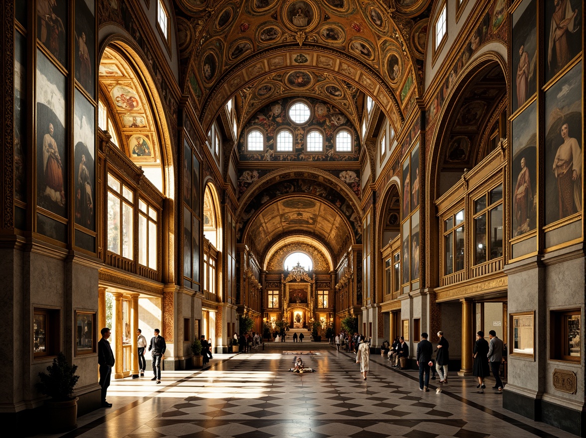 Prompt: Intricate mosaics, golden domes, ornate arches, lavish frescoes, richly patterned textiles, grandiose entranceways, imposing stone columns, ornamental capitals, intricate carvings, gilded accents, vibrant apse murals, majestic vaulted ceilings, elaborate iconostases, ornate marble floors, luminous stained glass windows, dramatic chiaroscuro lighting, 1/2 composition, symmetrical framing, high contrast ratio, realistic reflections.