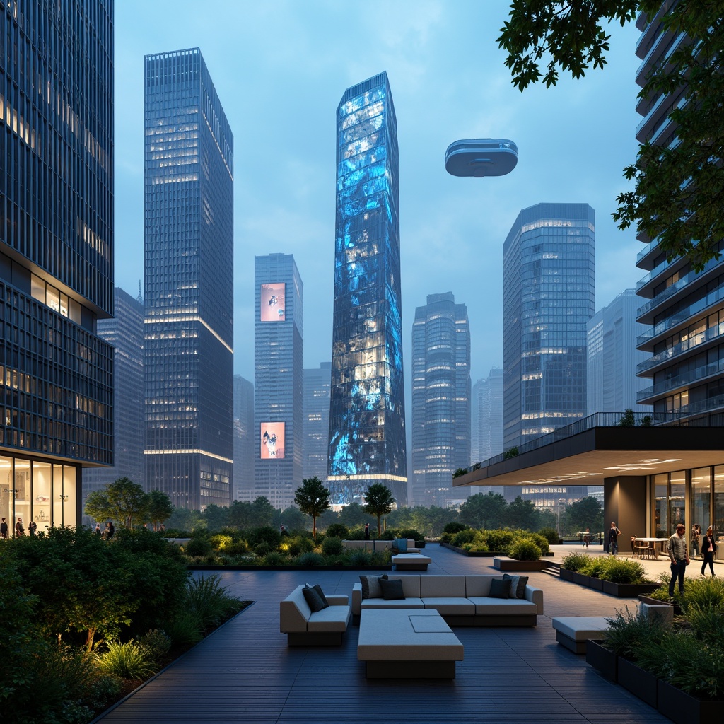 Prompt: Futuristic cityscape, neon-lit skyscrapers, holographic advertisements, levitating transportation pods, curved metallic buildings, iridescent glass facades, angular rooftops, verdant green walls, hydroponic gardens, misty atmospheric effects, soft blue ambient lighting, shallow depth of field, 1/1 composition, panoramic view, realistic reflections, ambient occlusion, sleek modern furniture, minimalist decor, futuristic gadgets, virtual reality interfaces, augmented reality displays.