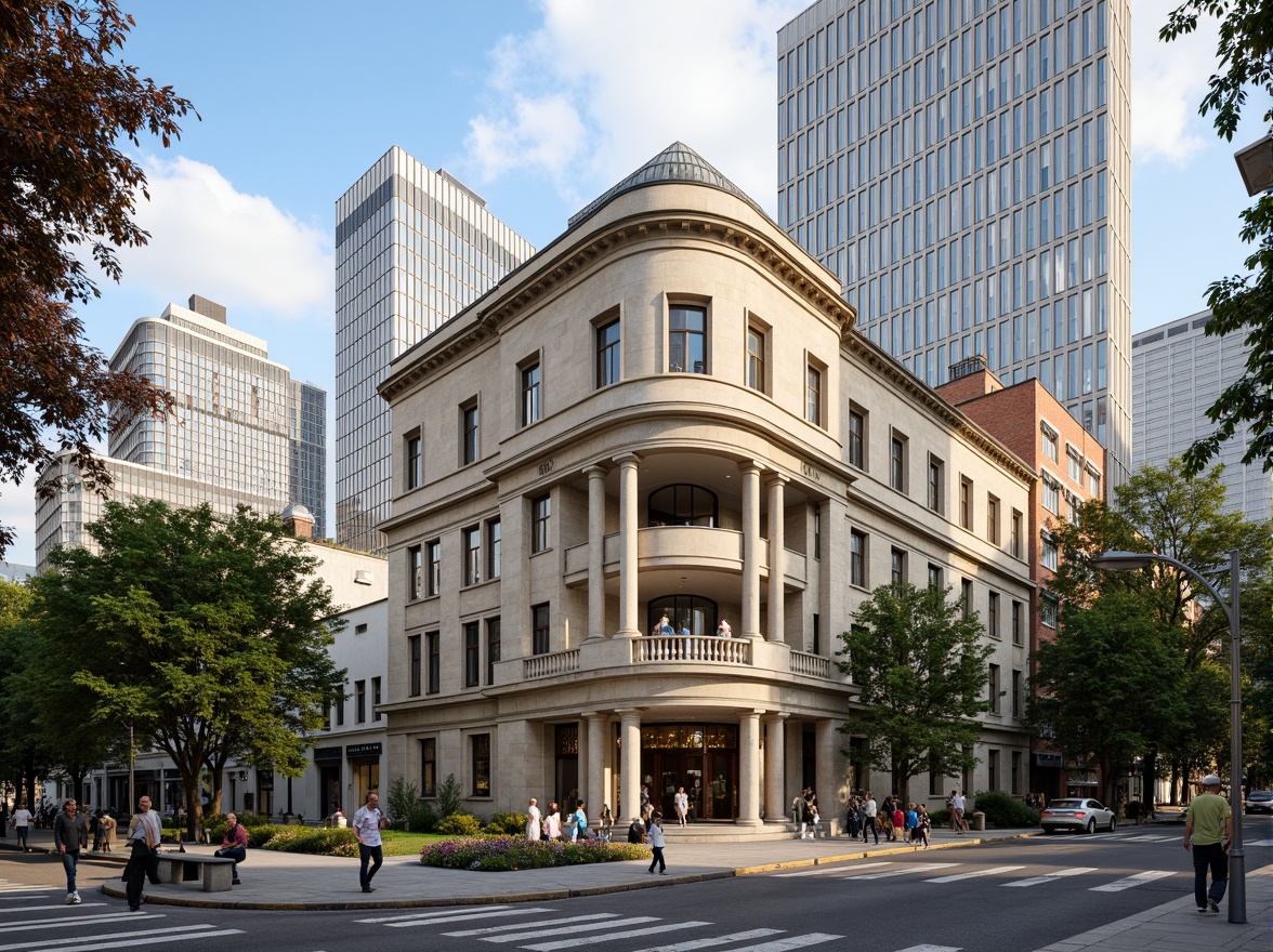 Prompt: Historic courthouse building, neoclassical facade, ornate details, grand entrance, stone columns, clock tower, urban cityscape, bustling streets, modern skyscrapers, vibrant street art, pedestrian walkways, green urban spaces, natural light, warm atmosphere, shallow depth of field, 2/3 composition, symmetrical framing, realistic textures, ambient occlusion.