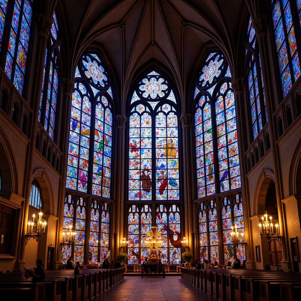 Prompt: Vibrant stained glass windows, kaleidoscopic colors, intricate designs, Gothic architecture, grand cathedrals, ornate facades, sacred spaces, divine light filtering, warm ambiance, rich textures, detailed patterns, medieval style, ornamental fixtures, spiritual atmosphere, dramatic lighting effects, 1/1 composition, shallow depth of field, realistic renderings.