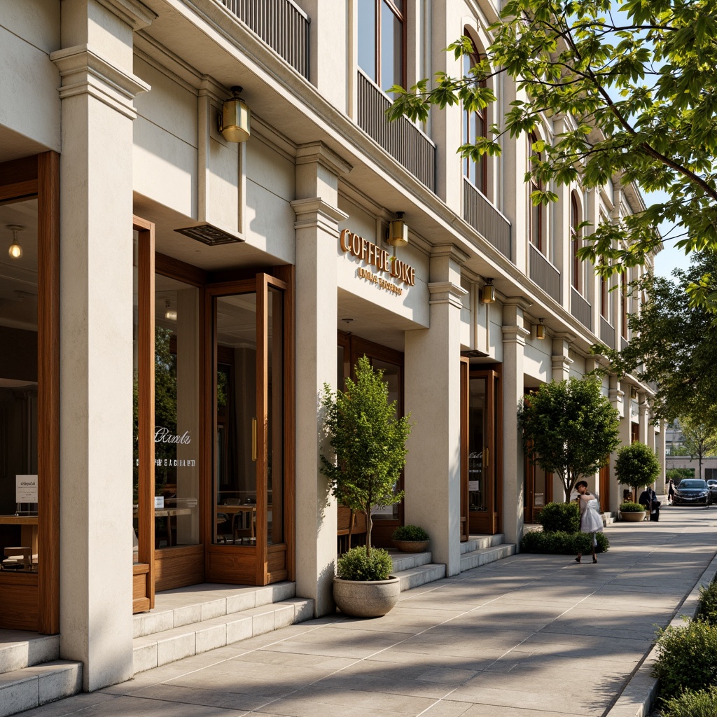 Prompt: Elegant coffee shop facade, neoclassical columns, ornate cornices, symmetrical composition, cream-colored stone walls, large arched windows, wooden shutters, bronze door handles, vintage signage, lush greenery, potted plants, outdoor seating area, warm sunny day, soft natural lighting, shallow depth of field, 1/1 composition, realistic textures, ambient occlusion.