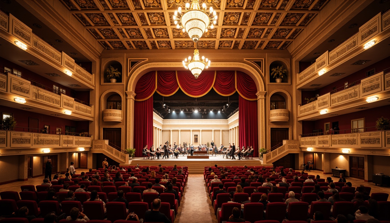 Prompt: Opulent concert hall, lavish chandeliers, intricate wooden paneling, luxurious velvet curtains, grand pianos, ornate golden accents, Baroque-inspired architecture, sweeping staircases, majestic high ceilings, crystal-clear sound systems, plush red seating, dramatic spotlights, warm ambient lighting, 1/1 composition, shallow depth of field, soft focus on performers.