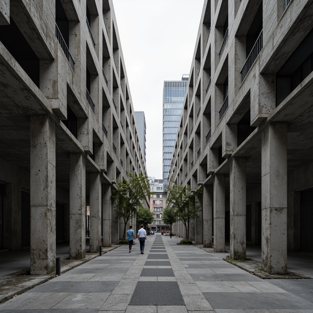 Prompt: Exposed concrete structures, rugged textures, monolithic forms, raw industrial materials, steel beams, brutalist fa\u00e7ades, fortress-like buildings, urban landscapes, overcast skies, dramatic shadows, high-contrast lighting, 1/2 composition, symmetrical framing, gritty realistic renderings, ambient occlusion, weathered stone walls, poured concrete floors, metallic accents, functional minimalism.