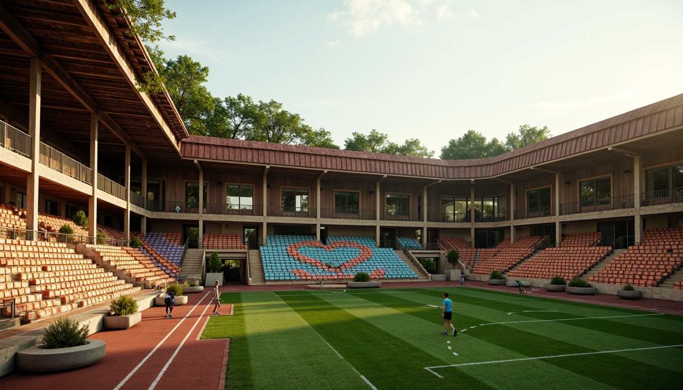 Prompt: Traditional soccer stadium, local vernacular architecture, earthy tones, natural stone facades, rustic wooden accents, corrugated metal roofs, vibrant colorful seating, lush green grass, athletic tracks, sports lighting, evening ambiance, warm golden hour, shallow depth of field, 1/2 composition, realistic textures, ambient occlusion.