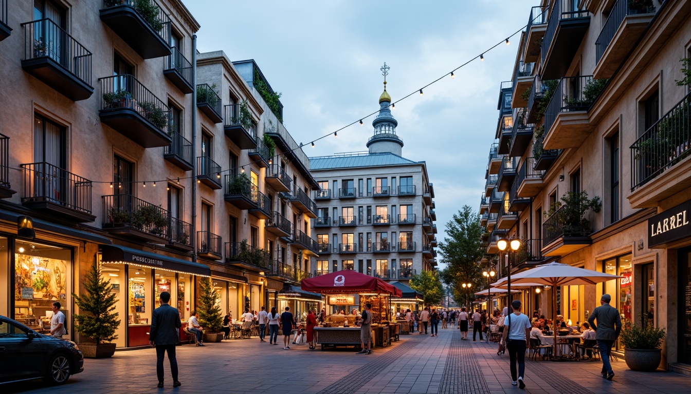 Prompt: Vibrant market square, eclectic building facades, ornate balconies, intricate stonework, colorful signage, bustling commercial activity, lively street performers, aromatic food stalls, fusion of modern and traditional architecture, dynamic LED lighting, reflective glass surfaces, metallic accents, urban landscape, warm evening ambiance, shallow depth of field, 1/2 composition, cinematic view, realistic textures, ambient occlusion.