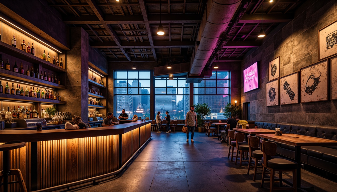 Prompt: Industrial bar structure, exposed steel beams, metallic latticework, reclaimed wood accents, urban cityscape, gritty concrete walls, neon signage, vibrant nightlife atmosphere, warm golden lighting, deep blues and purples, rich wood tones, distressed textures, abstract geometric patterns, dynamic angular forms, moody atmospheric effects, cinematic low-key lighting, 1/2 composition, dramatic shadows, high-contrast color scheme.