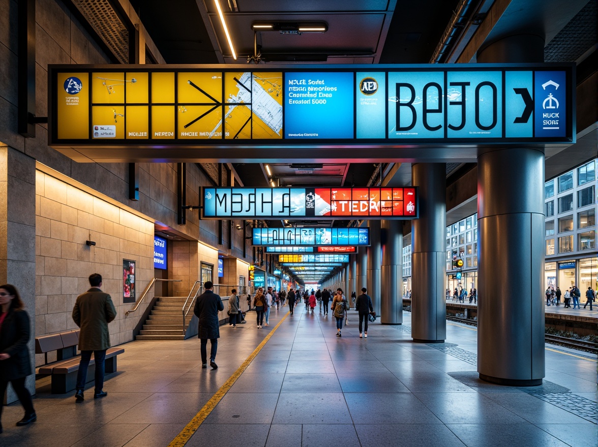 Prompt: Vibrant urban metro station, bold typography, dynamic color schemes, contrasting hues, harmonious accents, modern minimalist architecture, sleek metal columns, polished granite floors, futuristic LED lighting, energetic atmosphere, busy commuter activity, rush hour crowds, cityscape views, underground tunnels, stairway connections, platform signage, wayfinding systems, accessible ramps, natural stone walls, warm beige tones, cool blue undertones, accentuating yellow highlights.