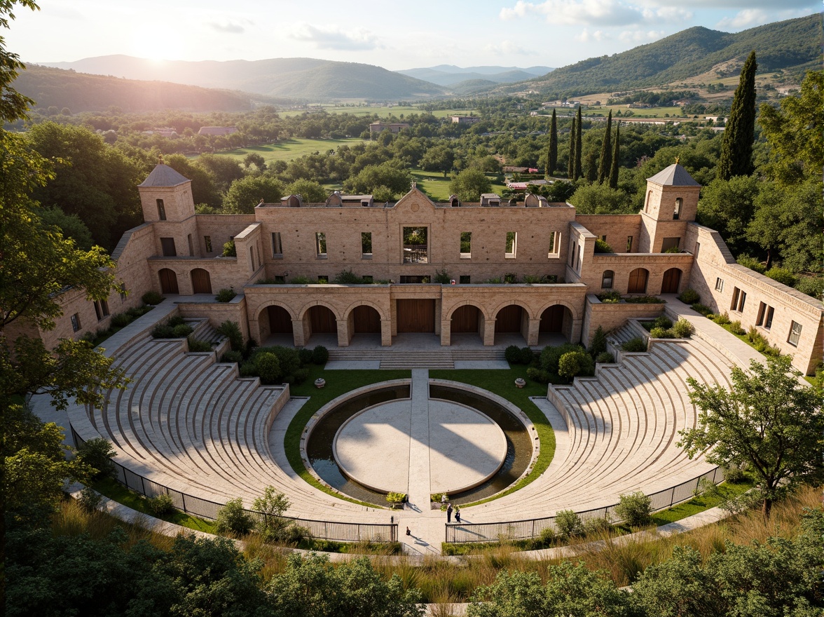 Prompt: Ancient Romanesque amphitheater, lush greenery, natural stone seating, ornate arches, grandiose columns, rustic brick facades, Mediterranean landscape, rolling hills, olive groves, cypress trees, sunny afternoon, warm golden lighting, shallow depth of field, 3/4 composition, panoramic view, realistic textures, ambient occlusion, integrated water features, naturalistic plantings, meandering pathways, scenic overlooks, historic preservation, cultural heritage, rustic charm.