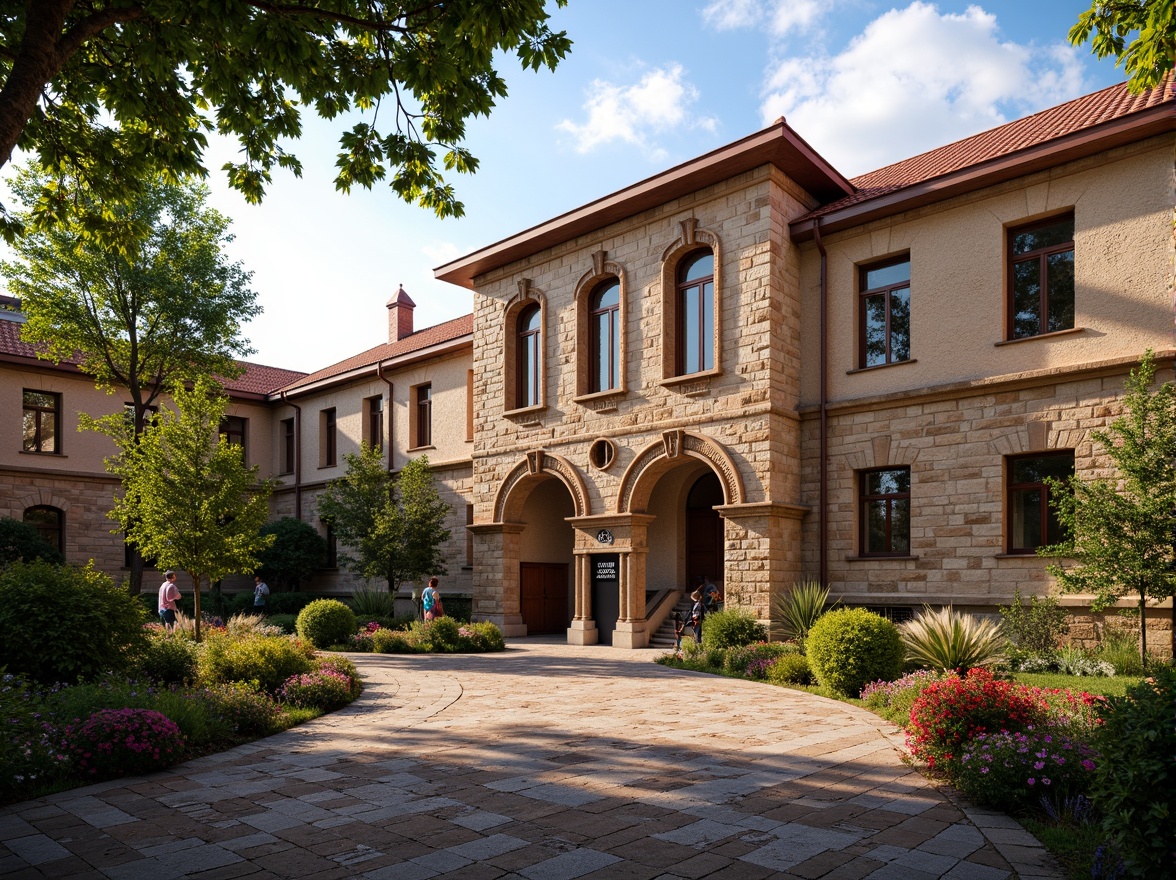 Prompt: Rustic school building, Romanesque style facade, arched windows, stone carvings, ornate doorways, red tiled roofs, lush greenery, vibrant flowers, educational signs, worn stone walkways, weathered brick walls, classical columns, intricate stone patterns, warm afternoon sunlight, soft golden lighting, shallow depth of field, 3/4 composition, panoramic view, realistic textures, ambient occlusion.