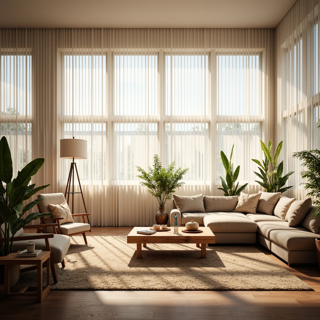 Prompt: Vibrant living room, floor-to-ceiling windows, sheer white curtains, warm natural light, soft shadows, comfortable seating area, wooden coffee table, plush sofas, greenery plants, modern minimalist decor, neutral color palette, subtle textures, 1/1 composition, shallow depth of field, realistic rendering.