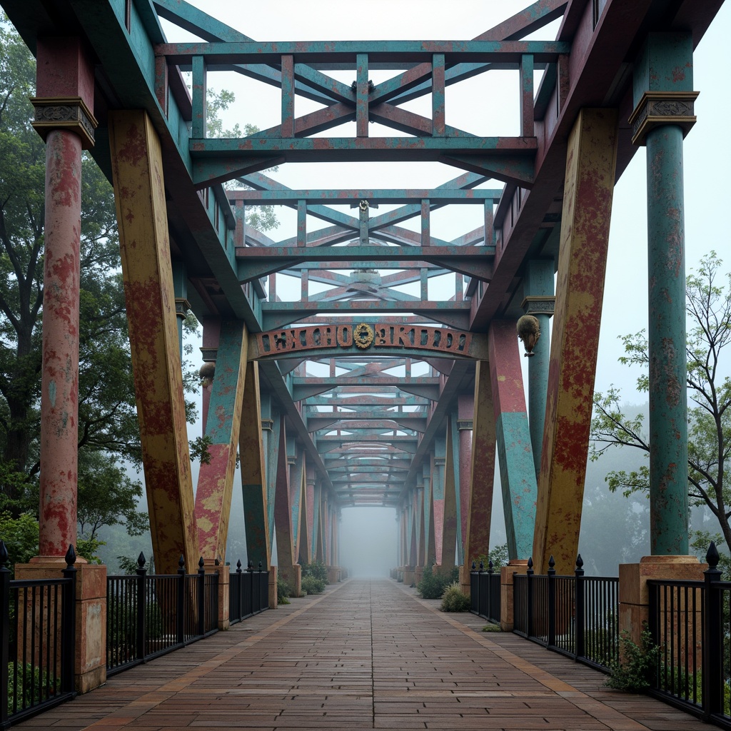 Prompt: Eccentric bridge design, eclectic mix of materials, steel beams, stone pillars, wooden planks, intricate ironwork, vibrant color scheme, ornate decorations, Gothic-inspired arches, Romanesque columns, futuristic accents, asymmetrical composition, dynamic lighting effects, misty atmosphere, foggy day, shallow depth of field, 2/3 composition, low-angle shot, realistic textures, ambient occlusion.