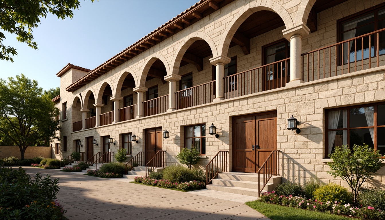 Prompt: Rustic school building, Romanesque style, stone walls, arches, columns, vaulted ceilings, grand entrance, wooden doors, iron hardware, ornate metalwork, stained glass windows, terracotta roofing, lush greenery, blooming flowers, sunny day, soft warm lighting, shallow depth of field, 3/4 composition, panoramic view, realistic textures, ambient occlusion.