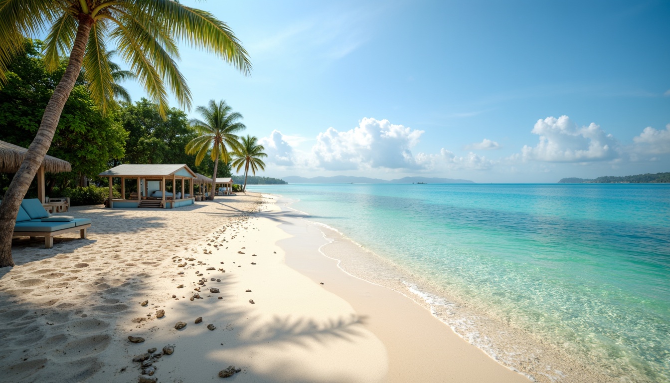 Prompt: Sandy beach shore, crystal-clear turquoise water, warm sunny day, gentle sea breeze, palm trees swaying, driftwood, weathered piers, soft misty atmosphere, shimmering sunlight, pastel-colored beach huts, vibrant coral reefs, ocean-inspired blues and greens, natural textures, subtle gradient effects, 1/2 composition, atmospheric perspective, realistic wave simulations.