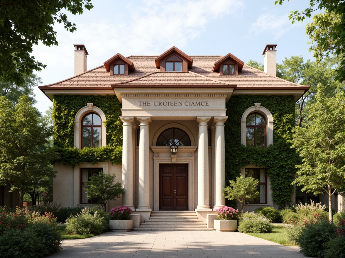 Prompt: Elegant academic building facade, neoclassical architecture, symmetrical composition, grand entrance, ornate columns, carved stone details, rusticated base, arched windows, dormers, steeply pitched roof, terracotta roofing tiles, ivy-covered walls, lush greenery, vibrant flowers, tranquil atmosphere, soft natural light, warm beige colors, refined textures, detailed stonework, subtle weathering effects.