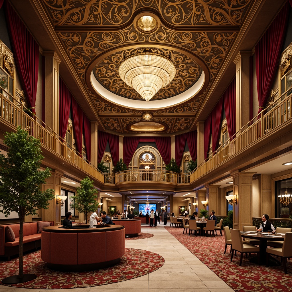 Prompt: Luxurious casino, intricate Art Nouveau patterns, ornate metalwork, flowing organic lines, curved staircases, grand chandeliers, opulent furnishings, rich velvet drapes, lavish decorations, gilded accents, polished marble floors, sparkling crystal chandeliers, soft warm lighting, shallow depth of field, 3/4 composition, panoramic view, realistic textures, ambient occlusion.