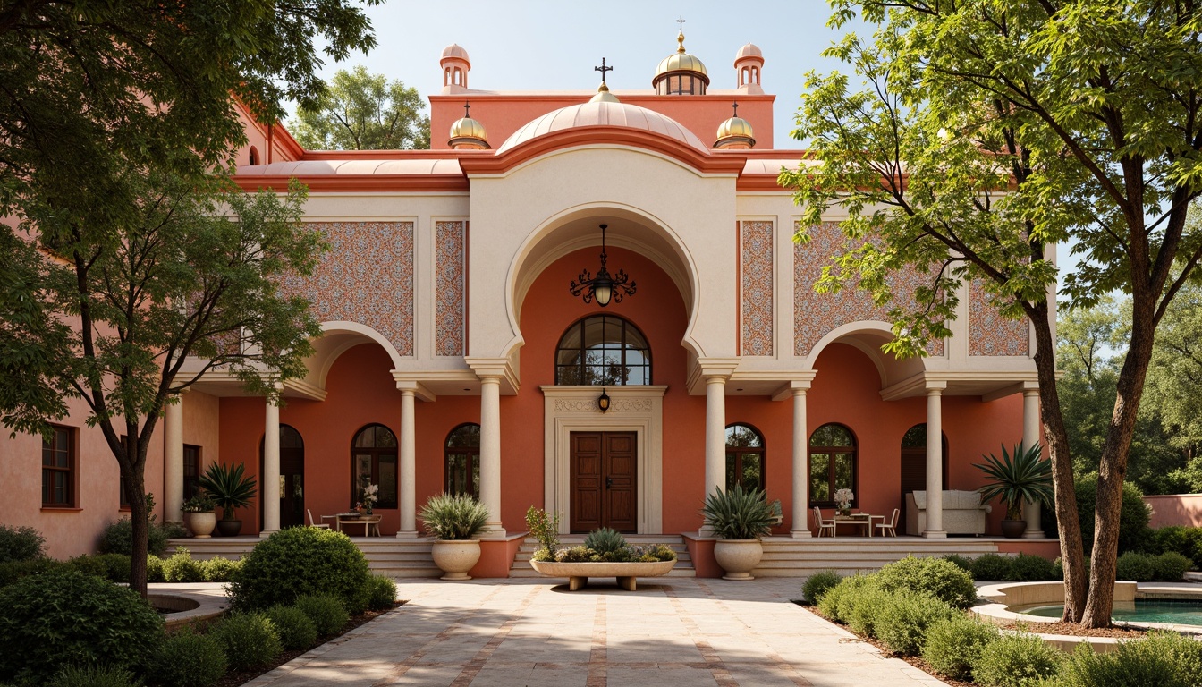 Prompt: Warm terracotta facades, ornate stone carvings, golden domes, intricate mosaics, rich turquoise accents, soft cream archways, rustic wooden doors, vibrant crimson roofs, ornamental ironwork, lush greenery, ancient olive trees, warm afternoon sunlight, soft warm lighting, shallow depth of field, 3/4 composition, realistic textures, ambient occlusion.