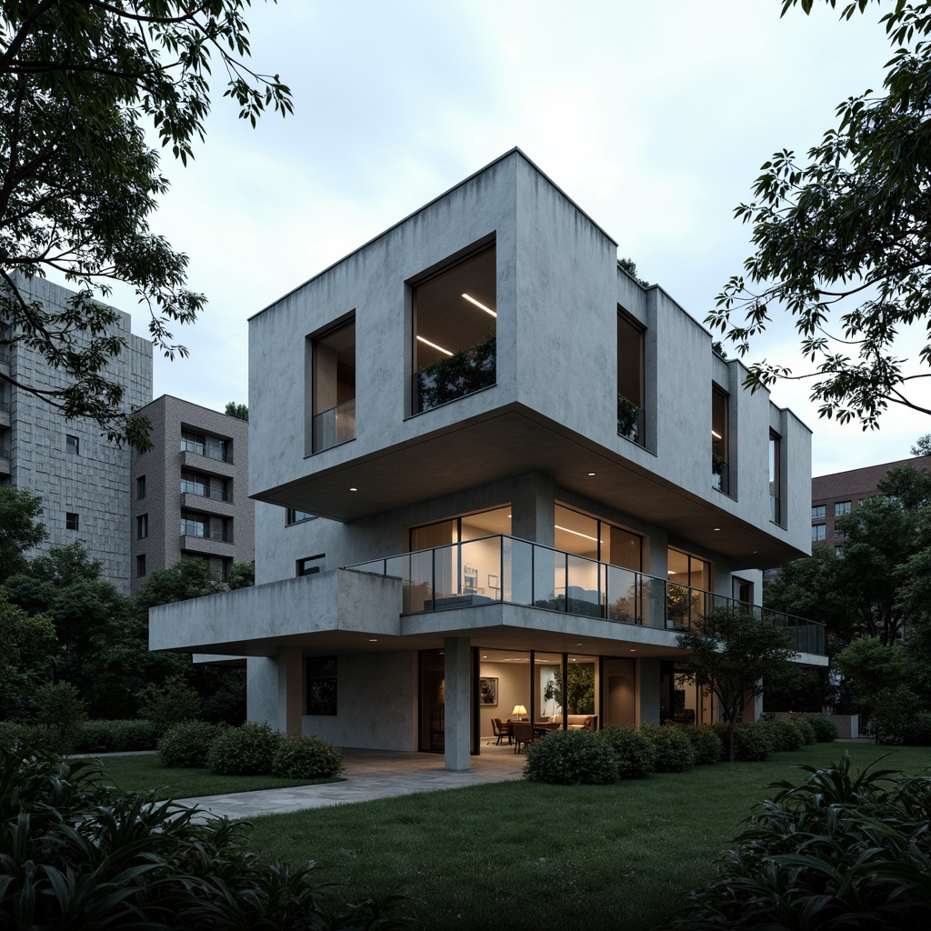 Prompt: Rugged brutalist house, fortress-like structure, raw concrete walls, angular lines, imposing massing, functionalist design, open floor plans, industrial materials, exposed ductwork, minimalist decor, urban context, cityscape views, dense foliage, mature trees, overcast skies, dramatic lighting, high contrast ratios, 1/1 composition, symmetrical framing, abstract textures, cinematic atmosphere.