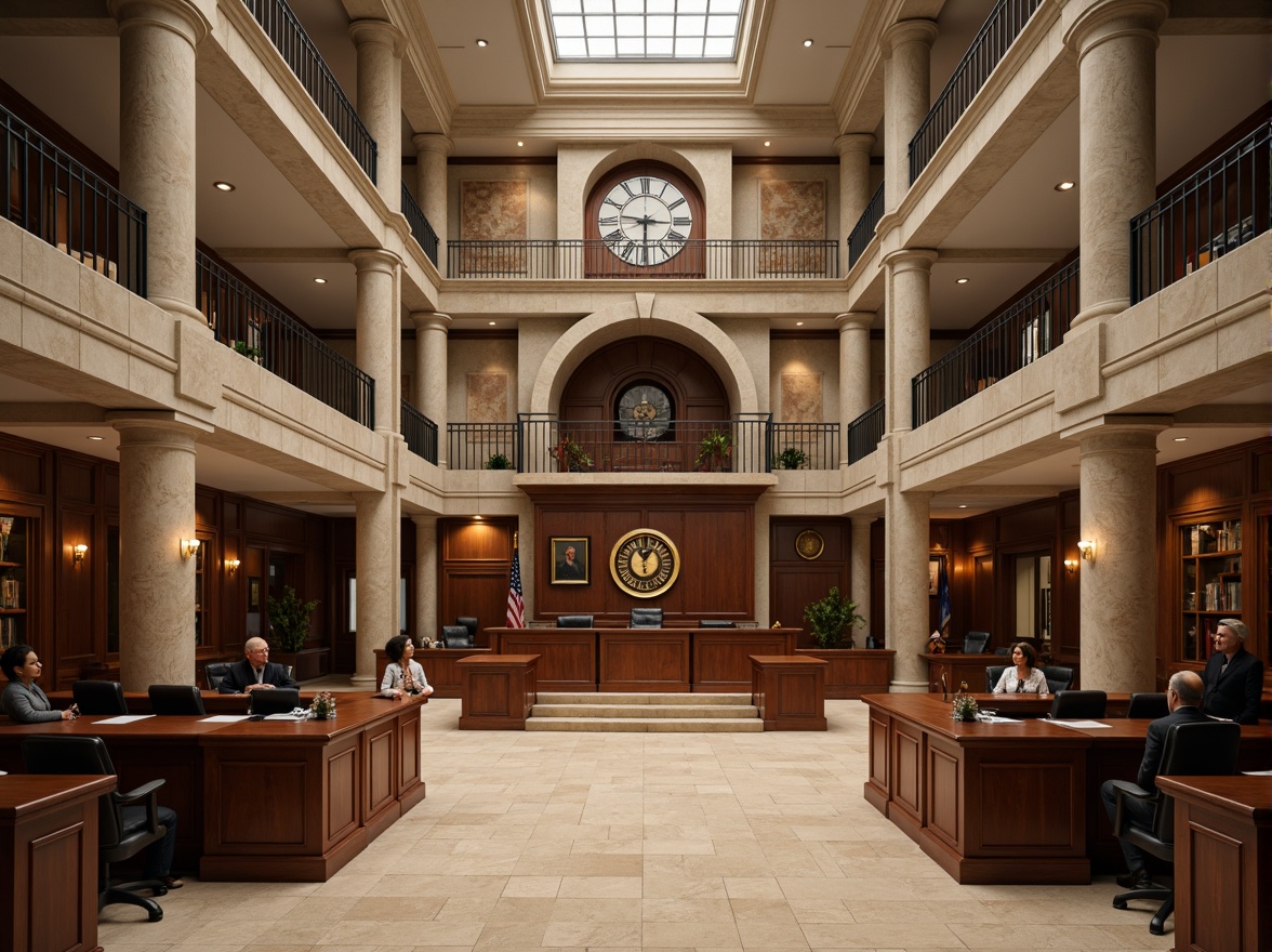 Prompt: Historic courthouse building, grand stone facade, ornate columns, stately clock tower, rich wood accents, formal courtroom settings, dignified judge's bench, solemn atmosphere, muted earth tones, beige marble floors, warm wooden paneling, elegant chandeliers, soft natural lighting, subtle color contrasts, balanced composition, realistic textures, ambient occlusion.