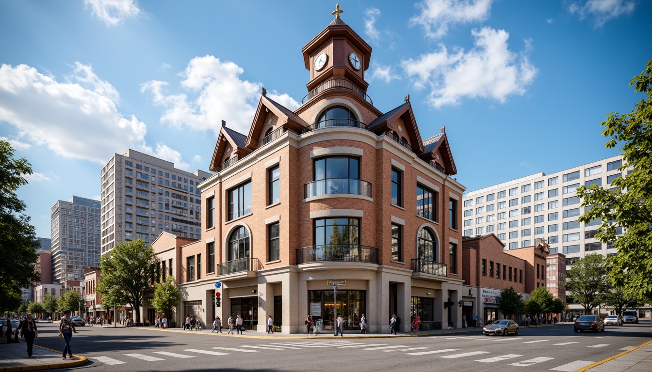 Prompt: Historic courthouse building, neoclassical facade, ornate details, grand clock tower, symmetrical composition, natural stone walls, brick arches, stained glass windows, wooden accents, majestic entrance, urban cityscape, bustling streets, pedestrian walkways, vibrant street art, eclectic mix of old and new buildings, modern skyscrapers, blue sky with puffy white clouds, warm sunny day, shallow depth of field, 3/4 composition, panoramic view, realistic textures, ambient occlusion.