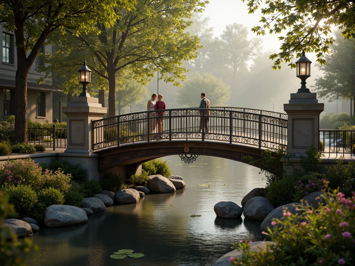 Prompt: Whimsical pedestrian bridge, ornate iron railings, delicate filigree details, soft warm lighting, misty atmosphere, lush greenery, vibrant flowers, rustic stone piers, wooden decking, curved arches, romantic lanterns, intricate stonework, weathered copper accents, serene water reflections, gentle river flow, peaceful surroundings, 1/1 composition, shallow depth of field, warm color palette, realistic textures.