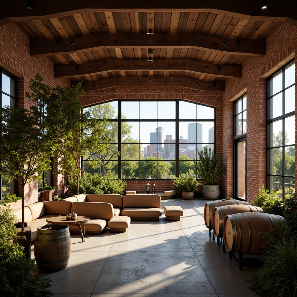 Prompt: Rustic winery, industrial chic, exposed brick walls, wooden barrels, metal accents, urban skyline, cityscape integration, modern structuralism, angular lines, minimalist design, reclaimed wood, polished concrete floors, large windows, natural light, soft warm lighting, shallow depth of field, 3/4 composition, panoramic view, realistic textures, ambient occlusion, vibrant greenery, lush vines, wine-making equipment, fermentation tanks, oak aging barrels, wine cellar, tasting room, rustic decor, earthy tones.