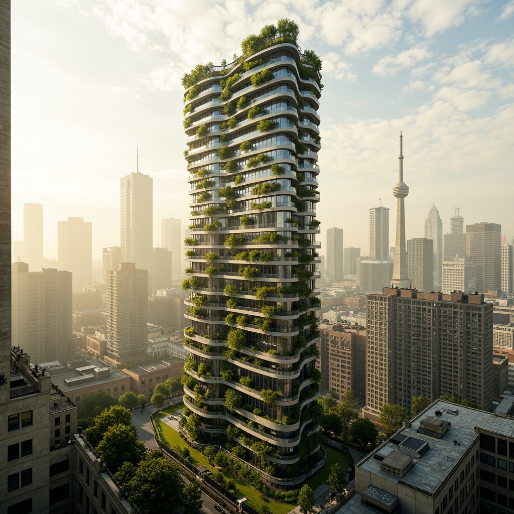 Prompt: Curvaceous skyscraper, undulating blob-like structures, vibrant green roofs, living walls, organic forms, futuristic architecture, sleek metallic surfaces, iridescent glass facades, flowing lines, biomimetic design, sustainable energy harvesting, wind turbines, solar panels, lush rooftop gardens, misty atmospheric effects, warm golden lighting, shallow depth of field, 1/1 composition, panoramic view, realistic textures, ambient occlusion.