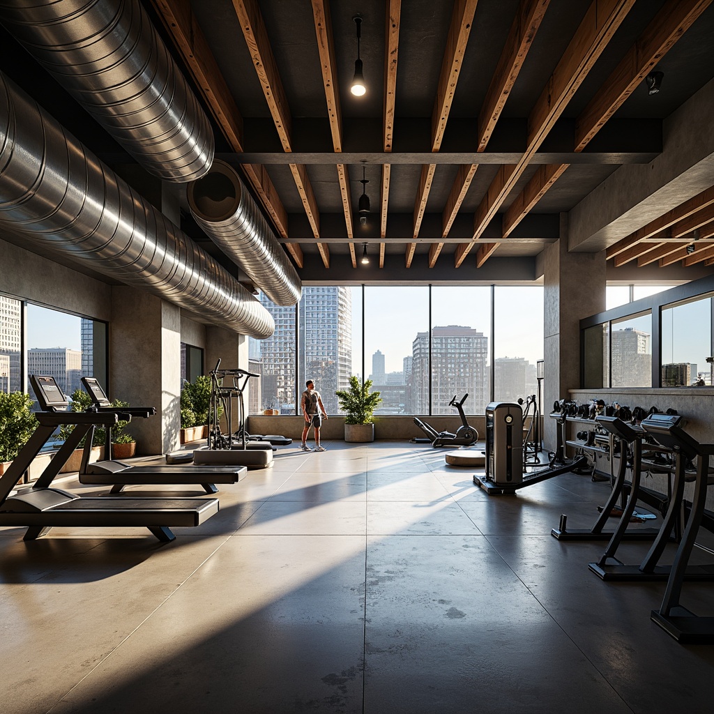 Prompt: Sleek fitness club, industrial chic interior, exposed ductwork, polished concrete floors, metallic accents, reclaimed wood beams, minimalist lighting fixtures, brutalist architecture, cantilevered staircases, floor-to-ceiling windows, urban cityscape views, morning natural light, high-contrast shadows, shallow depth of field, 2/3 composition, low-angle shot, realistic textures, ambient occlusion, futuristic exercise equipment, neon-lit signage, avant-garde art installations, eco-friendly recycled materials, sustainable building practices, modernist design elements.