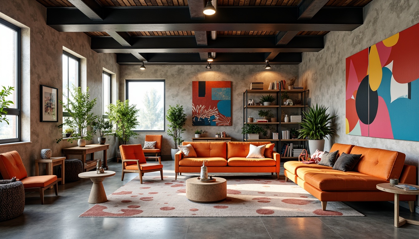 Prompt: Vibrant design studio, modern artistic space, eclectic furniture pieces, bold color accents, abstract artwork, industrial metal beams, polished concrete floors, natural light pouring in, warm cozy atmosphere, softbox lighting, 3/4 composition, shallow depth of field, realistic textures, ambient occlusion.