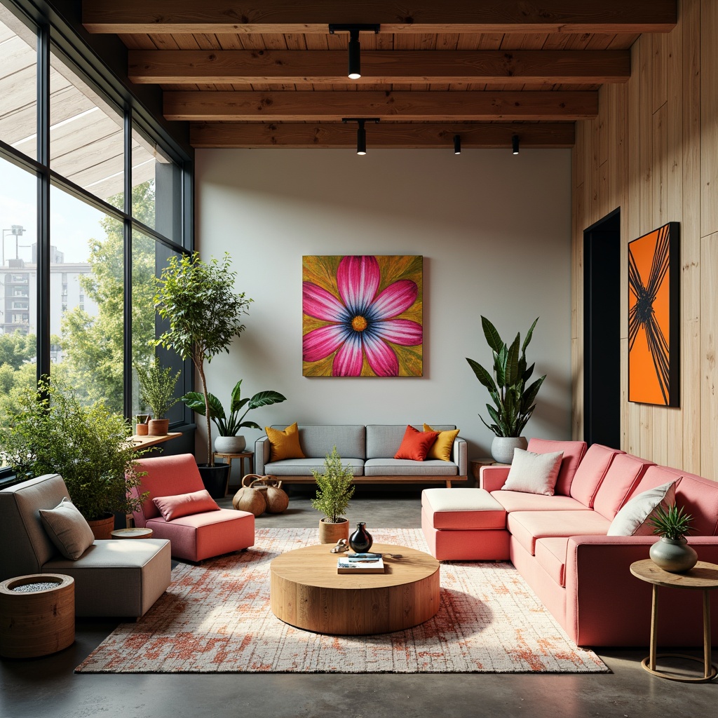 Prompt: Vibrant design studio, modern interior space, eclectic furniture pieces, bold color accents, pastel hues, rich textures, metallic finishes, glass surfaces, abstract artwork, natural light pouring in, warm atmospheric lighting, shallow depth of field, 1/2 composition, realistic renderings, ambient occlusion.