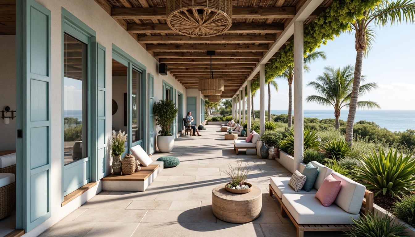 Prompt: Seaside hotel facade, ocean-inspired color scheme, calming blues, soothing whites, sandy neutrals, coral pinks, driftwood grays, weathered wooden accents, nautical ropes, beachy textiles, sea-glass chandeliers, natural stone flooring, lush greenery, tropical plants, sunny day, soft warm lighting, shallow depth of field, 3/4 composition, panoramic view, realistic textures, ambient occlusion.Please let me know if this meets your requirements!