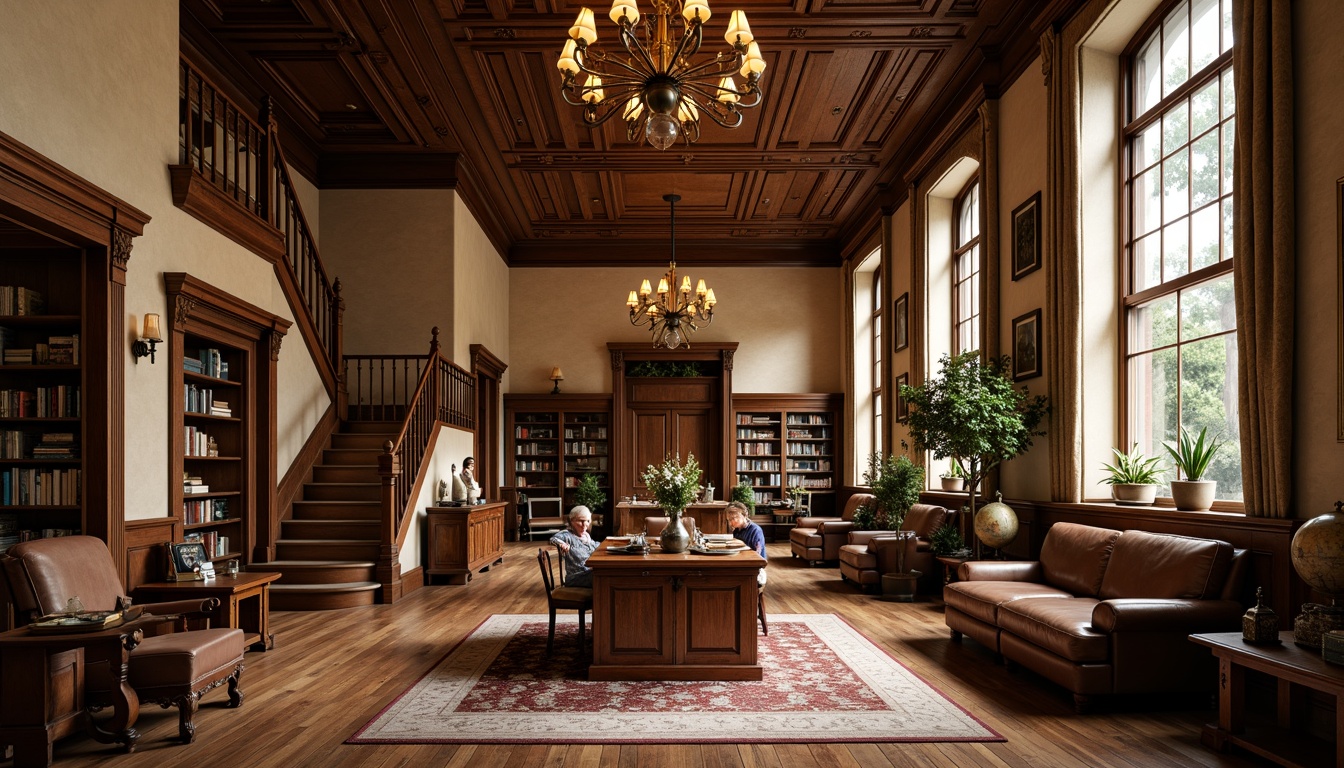 Prompt: Rustic wooden flooring, grand chandeliers, ornate moldings, classic columns, stately staircases, leather-bound tomes, vintage globes, polished mahogany desks, comfortable reading nooks, warm beige walls, rich walnut paneling, intricate ceiling details, soft warm lighting, shallow depth of field, 1/2 composition, realistic textures, ambient occlusion.