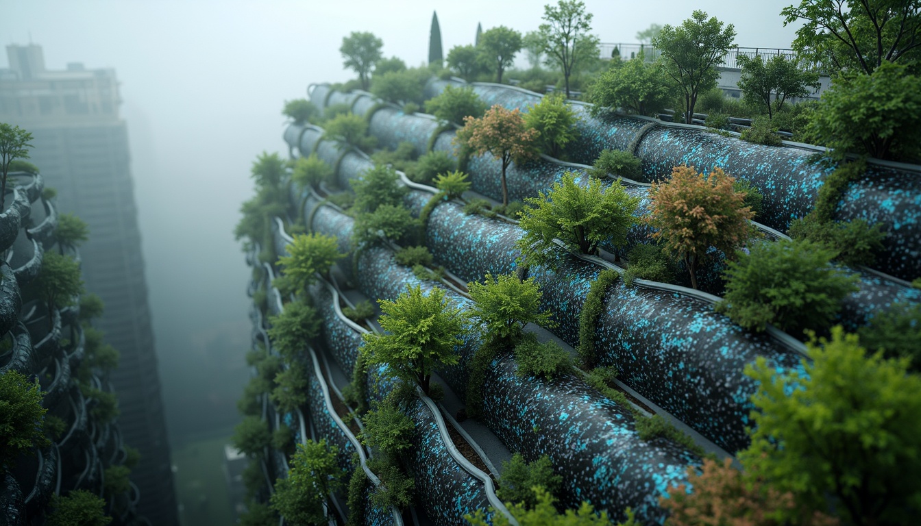 Prompt: Organic metabolic facade, bioluminescent skin, iridescent hues, undulating patterns, cellular structures, futuristic biomimicry, parametric design, algorithmic geometry, sustainable energy harvesting, self-healing materials, adaptive shading systems, responsive climate control, verdant walls, lush green roofs, dynamic solar panels, kinetic wind turbines, misty atmosphere, soft diffused lighting, 3/4 composition, shallow depth of field, realistic textures, ambient occlusion.