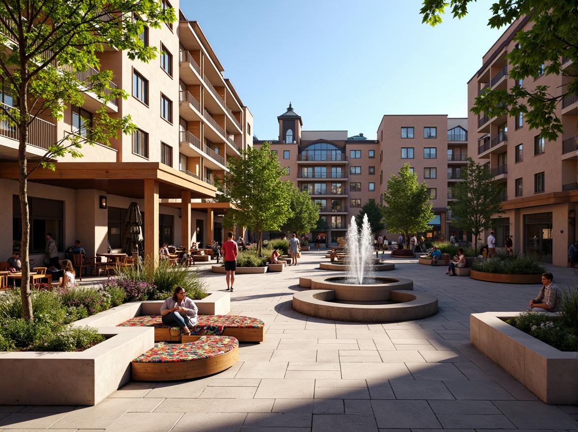 Prompt: Vibrant market square, fusion of modern and traditional architecture, ornate fountains, lush greenery, blooming flowers, outdoor seating areas, wooden benches, eclectic street furniture, colorful textiles, intricate tile work, warm sunny day, soft diffused lighting, shallow depth of field, 1/1 composition, panoramic view, realistic textures, ambient occlusion.