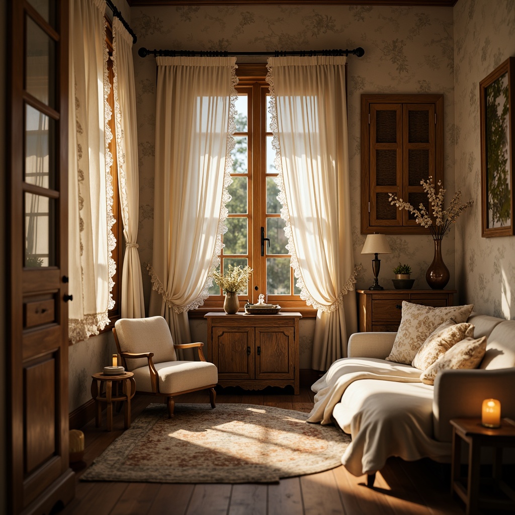 Prompt: Whimsical boudoir, soft velvety drapes, flowing silk curtains, delicate lace trimmings, ornate wooden shutters, distressed finishes, vintage hardware, romantic candlelight, warm golden hues, plush area rugs, luxurious fabrics, billowy sheers, subtle patterns, elegant folds, dramatic swags, opulent tassels, lavish trims, intimate ambiance, cozy nooks, relaxing atmosphere, soft focus, warm color palette, 1/2 composition, shallow depth of field.