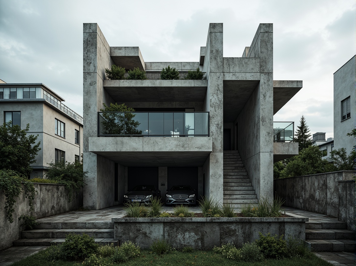 Prompt: Rugged brutalist house facade, exposed concrete walls, raw industrial materials, fortress-like structure, dramatic cantilevered roofs, geometric window patterns, steel beams, rough-hewn stone accents, brutalist architectural elements, urban cityscape background, overcast skies, moody atmospheric lighting, high-contrast shading, 1-point perspective composition, abstract textures, cinematic mood.