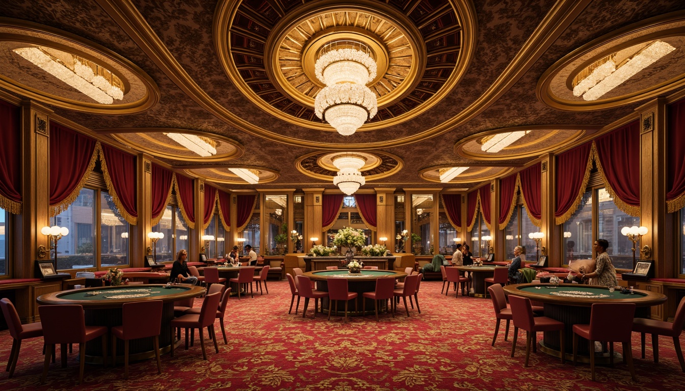 Prompt: Luxurious casino interior, ornate Art Nouveau details, curved lines, flowing patterns, golden accents, rich velvet fabrics, intricate moldings, grand chandeliers, lavish furniture, circular motifs, sinuous shapes, opulent carpets, dramatic lighting, warm atmospheric ambiance, 3/4 composition, shallow depth of field, realistic textures, ambient occlusion.