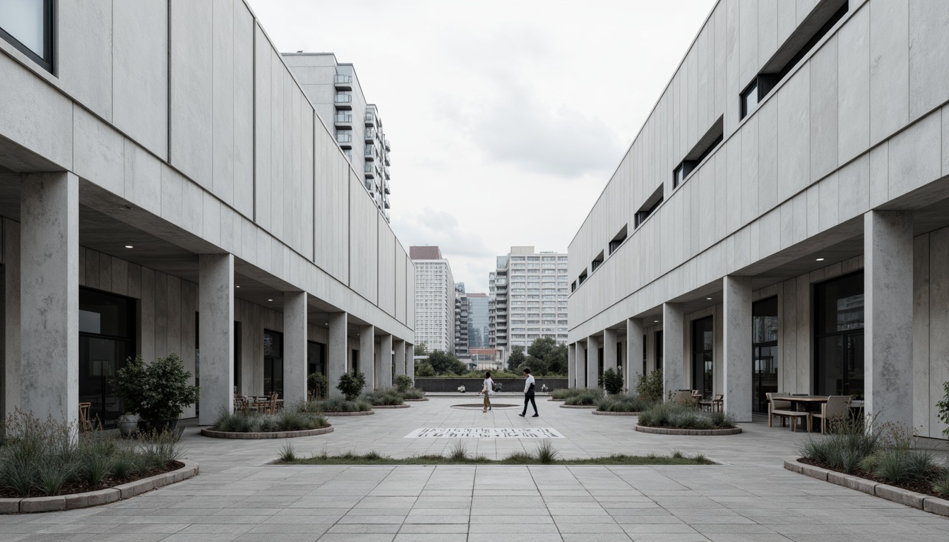 Prompt: Minimalist student halls, clean lines, monochromatic color scheme, industrial materials, exposed concrete walls, steel frames, large floor-to-ceiling windows, sliding glass doors, simple signage, sparse vegetation, urban backdrop, cloudy sky, soft natural lighting, high contrast, 1/1 composition, symmetrical framing, realistic textures, ambient occlusion.