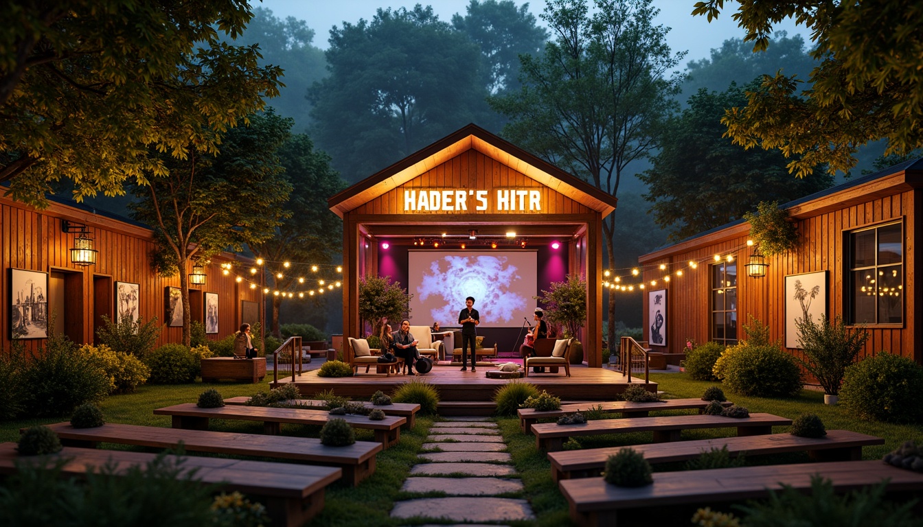 Prompt: Vibrant music venue, rustic wooden exterior, lush greenery surroundings, twinkling string lights, outdoor amphitheater, natural stone seating, eclectic art installations, bohemian-inspired decor, warm golden lighting, shallow depth of field, 1/2 composition, intimate atmosphere, realistic textures, ambient occlusion, serene forest backdrop, misty evening ambiance, soft focus blur.