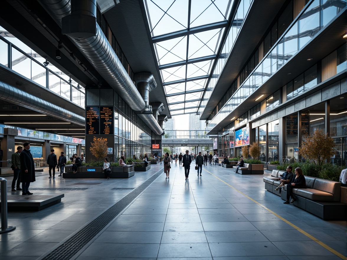 Prompt: Modern transportation hub, sleek metal fa\u00e7ade, glass roofs, polished concrete floors, industrial-style lighting, exposed ductwork, minimalist seating areas, stainless steel handrails, LED signage, dynamic digital displays, futuristic architecture, high-tech materials, metallic accents, reflective surfaces, angular lines, urban cityscape, bustling atmosphere, morning rush hour, soft natural light, shallow depth of field, 1/1 composition, realistic textures, ambient occlusion.