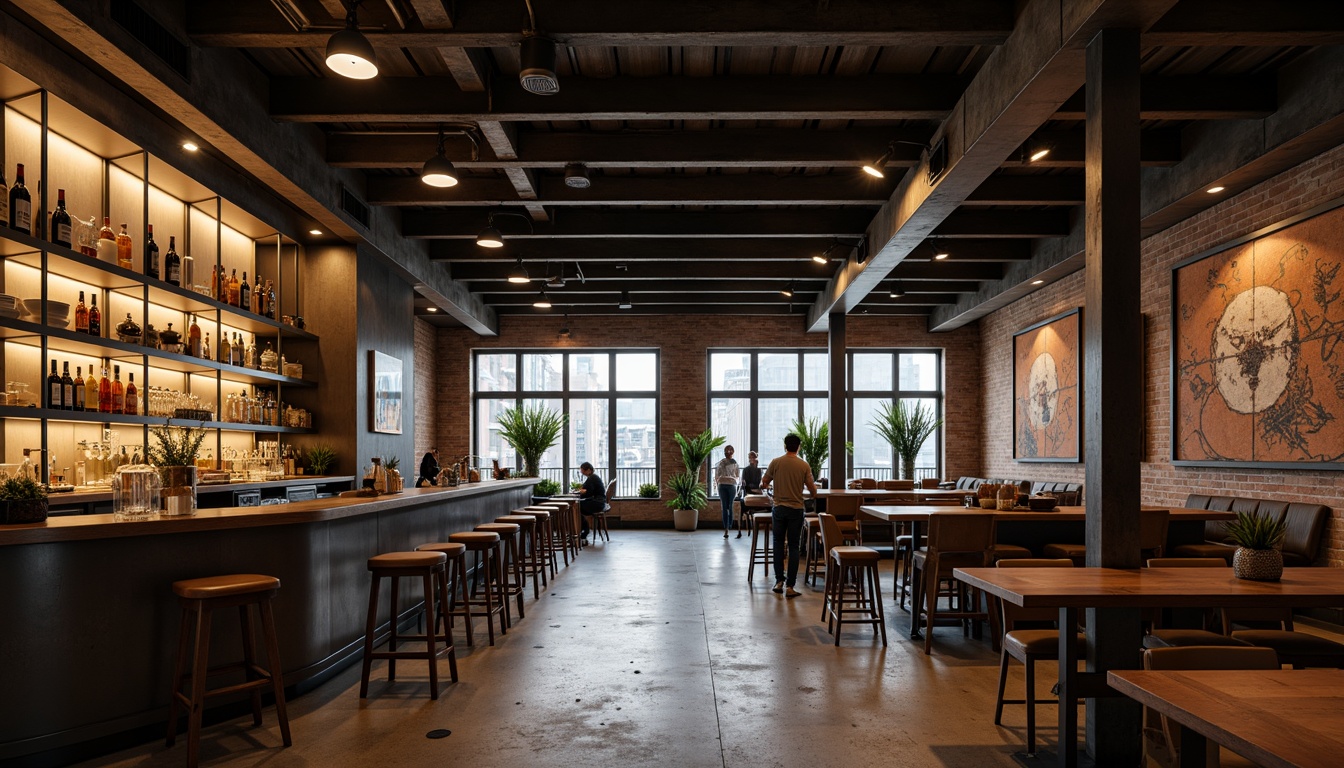 Prompt: Industrial bar interior, exposed steel beams, metal columns, concrete floors, minimalist decor, urban atmosphere, dim warm lighting, shallow depth of field, 1/2 composition, realistic textures, ambient occlusion, brutalist architecture, functional design, raw materials, industrial chic aesthetic, reclaimed wood accents, metallic tones, modern stools, high tables, pendant lamps, abstract artwork, geometric patterns.