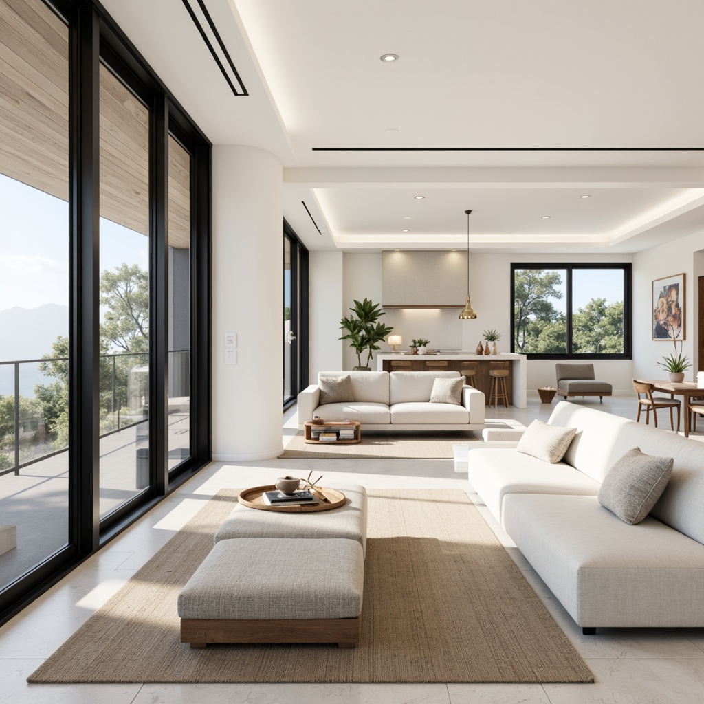 Prompt: Monochromatic modern homes, sleek lines, minimalist aesthetic, neutral color palette, soft whites, creamy beiges, warm grays, taupe accents, matte black trim, polished chrome fixtures, large windows, sliding glass doors, open floor plans, high ceilings, natural textiles, woven fibers, subtle patterns, ambient lighting, soft shadows, 1/1 composition, realistic renderings, detailed materials.